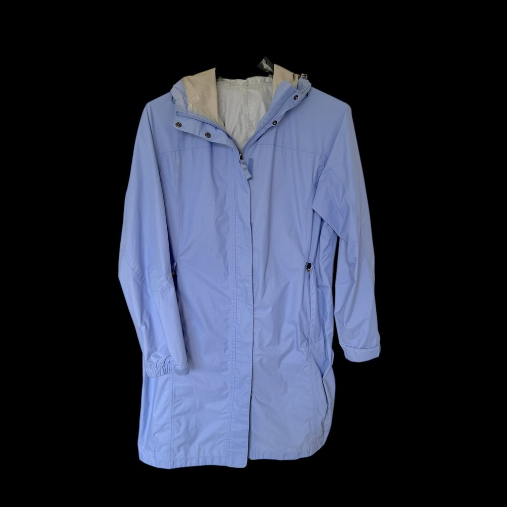 LL Bean Womens Large Blue Hooded Rain Jacket Parka Waterproof Coat Distressed